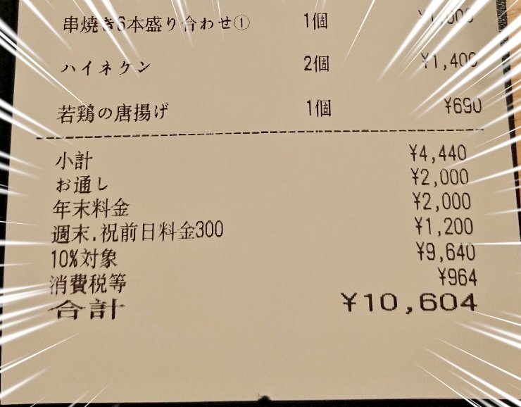 串荘 新宿店 飲み物と焼き鳥と唐揚げ頼んだだけで1万